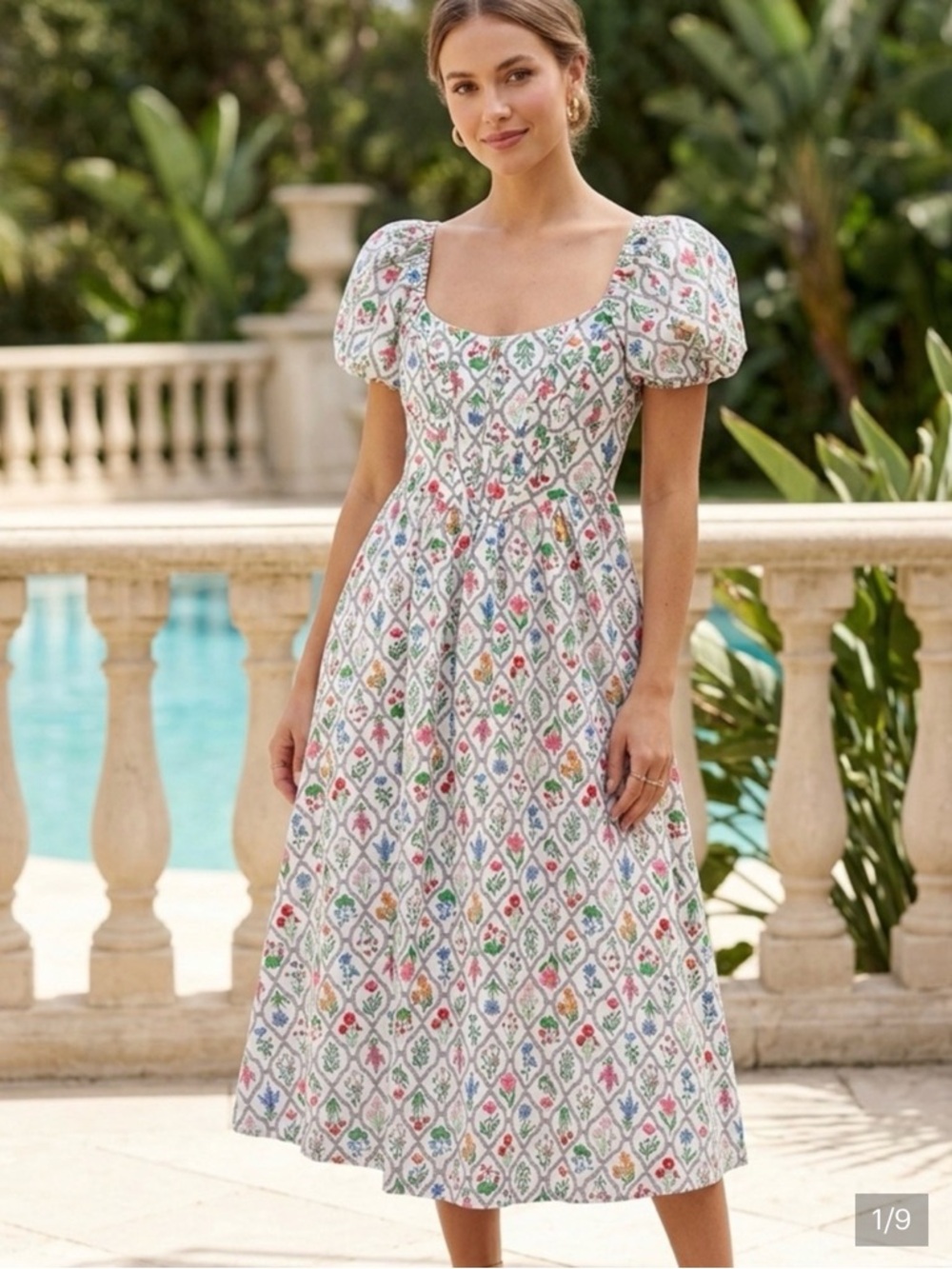 Moon River White Midi Dress with Multi-Color Floral Pattern